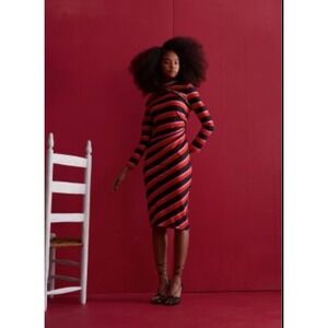 Jonathan Cohen Midi Strip Side Twist Bodycon  Long Sleeve Crewneck Dress Sz L‎